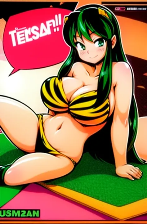 lum, bikini, superhero costume, urusei yatsura, smile, blush, promiscuous, gigantic breasts, wide hips, lying on stomach, breast press