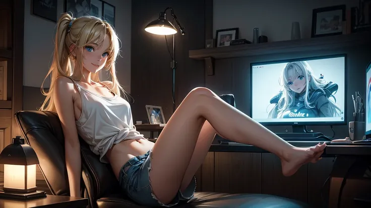 Create a masterpiece, high-quality image of a beautiful, sexy anime lofi girl with long blonde hair sitting at her gaming PC in a cozy lounge setting. She has bright blue eyes and is smiling, looking directly at the camera. She is wearing a tank top and sh...