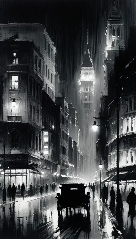 the bustling city, black and white image, night (art inspired by Bill Sienkiewicz). oil painting, details of brush strokes that enhance depth)
