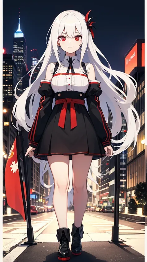 Deutschland white long hair and red eyes from azur lane Evil smile with a German banner on arm standing in the middle of the road in New York and lots of German flags covered and flying above the city