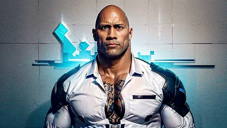 Make the character Dwayne Johnson with a serious expression, determinada e obstinada. Ele deve ter um olhar penetrante e focado, como se estivesse enfrentando um grande desafio ou preparando-se para uma batalha importante. A sua postura deve ser firme e co...