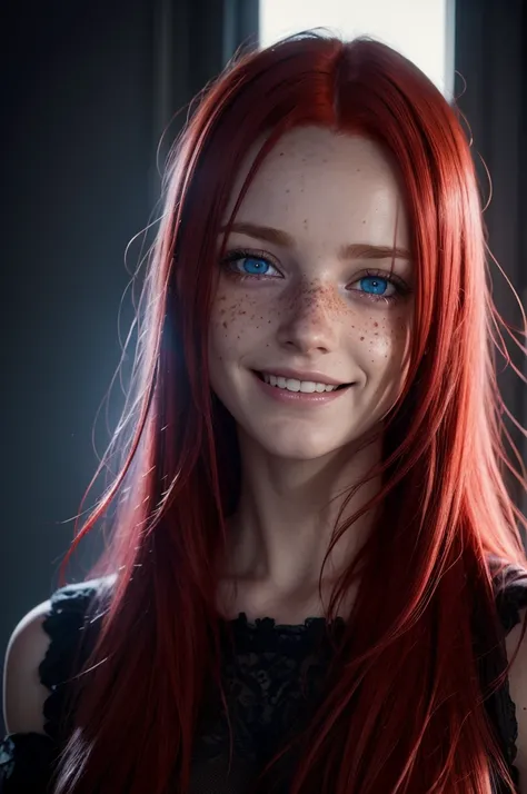 red-haired, blue eyes, freckles, streaked hair, streaked hair, dilated pupils, happy tears, grin, Surrealism, cinematic lighting, Gothic art, 8k, super detail, UHD, 1080P, HD, UHD