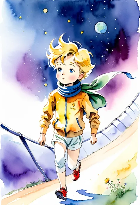 The Little Prince by Saint-Exupéry, en train de courir, avec des vêtements de sport, style aquarelle, colored