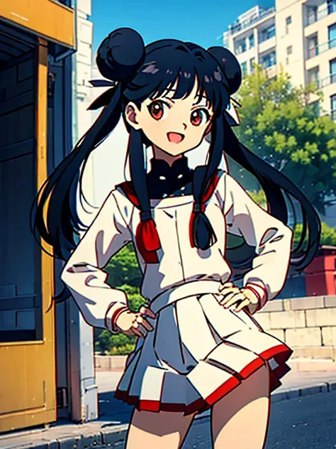 anime realist, (((masterpiece))) ( Background : outdoor theme : bright : crowded cuty ) ( character : meiling : long smooth hair : fit body : lolicon : small breast : innocent smile : wearing  ), , hair bun, black hair, , twintails, double bun, long hair, ...