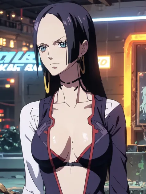 Hancock from One Piece, beautiful blue eyes, small smile, wears earrings; big breasts, cleavage, loose hair, long hair, wears Boa Hancock earrings (wears cyberpunk outfit), (wears Lucy clothes from cyberpunk edgeruners), bare abdomen. He should wear Lucys ...