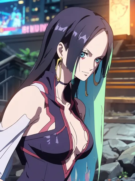 Hancock from One Piece, beautiful blue eyes, small smile, wears earrings; big breasts, cleavage, loose hair, long hair, wears Boa Hancock earrings (wears cyberpunk outfit), (wears Lucy clothes from cyberpunk edgeruners), bare abdomen. He should wear Lucys ...