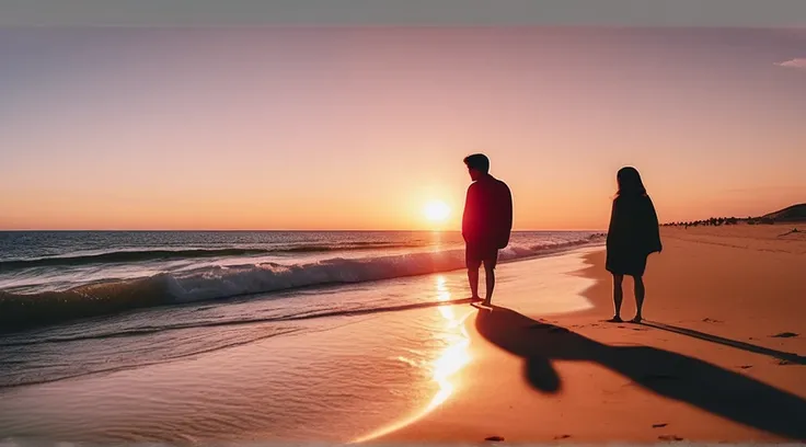 ((Couple watching sunset on a quiet sandy beach on a shallow seaside beach、Couple snuggling up and holding each others hands and watching the sunset、Sunset seen from between the shadows of two people、Big sun setting on the horizon、The sunset turns the enti...