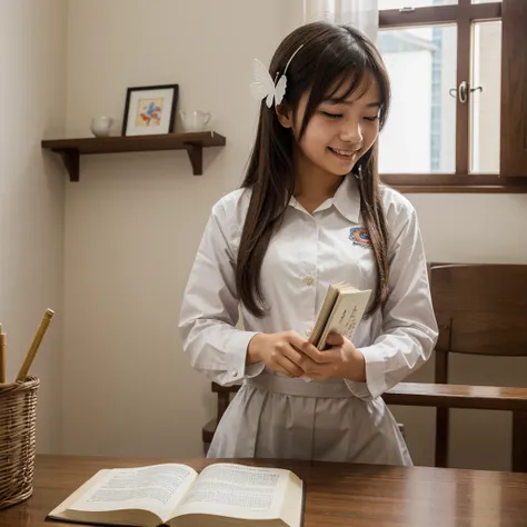 masterpiece, best quality, 1girl, reading book,empty eyes, utsurome, maid, smile with backround university and butterfly 