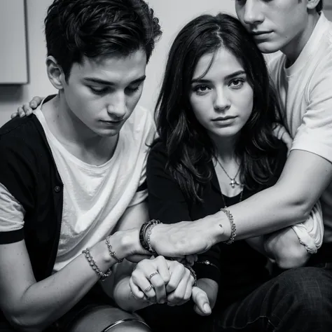  A woman holding hands with a boy, couple et la femme possède des anneaux en métal blanc et des bagues noirs et un bracelet noir.