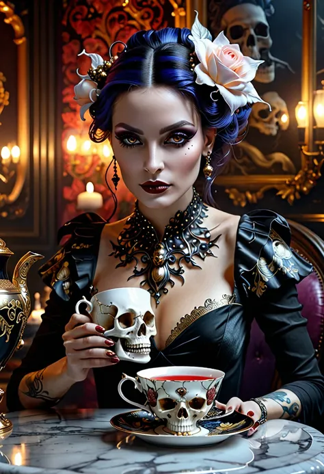 Ultra detailed digital art masterpiece, face portrait, mysterious dark fairy woman , drinking a delicious tea from a skull tea cup, realistic bobe skull teacup, ultra detailed london tea house, in year 1890, victorian style, rose flower style, Bone🦴 decor ...