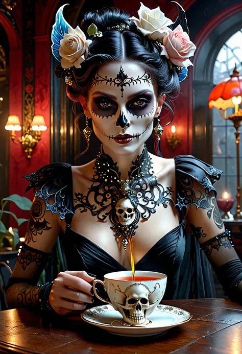 Ultra detailed digital art masterpiece, face portrait, mysterious dark fairy woman , drinking a delicious tea from a skull tea cup, realistic bobe skull teacup, ultra detailed london tea house, in year 1890, victorian style, rose flower style, Bone🦴 decor ...