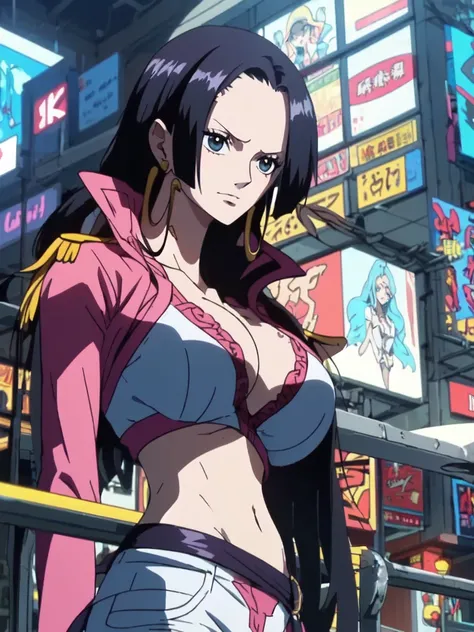 Hancock from One Piece, beautiful blue eyes, small smile, wears earrings; big breasts, cleavage, loose hair, long hair, wears Boa Hancock earrings (wears cyberpunk outfit), (wears Lucy clothes from cyberpunk edgeruners), bare abdomen. He should wear Lucys ...