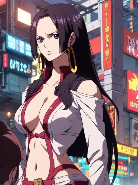 Hancock from One Piece, beautiful blue eyes, small smile, wears earrings; big breasts, cleavage, loose hair, long hair, wears Boa Hancock earrings (wears cyberpunk outfit), (wears Lucy clothes from cyberpunk edgeruners), bare abdomen. He should wear Lucys ...