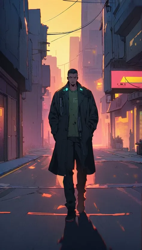 An agent walks down the street，Look ahead. Wearing an elegant black coat. His lips were tightly closed，Eyes are nervous. The situation is dangerous and serious. colored. hazy atmosphere. An atmosphere full of mystery and intrigue. cyberpunk,
