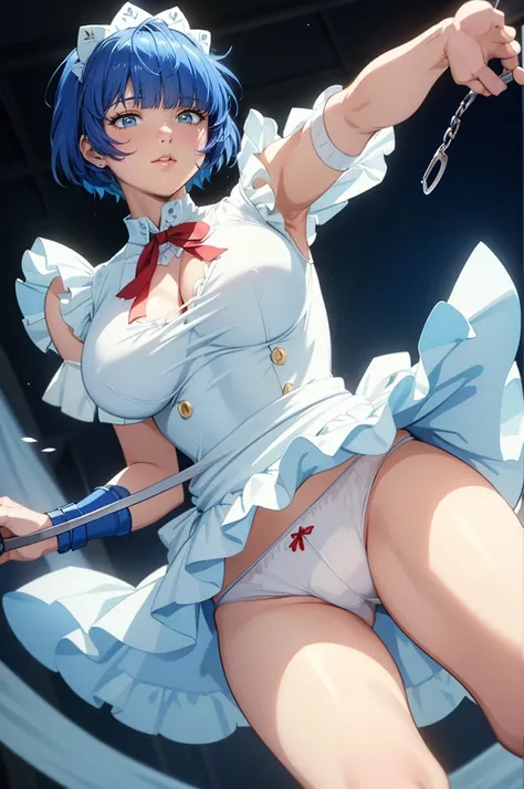 eyepatch、Women、Maid Fuku、mini skirt、Blue tone、Blue Short HairMuchas style,Big-breasted girl with a full view of her pussy,Serious poses,Arcaniic smile,(Mucha in the background)、Blue Hair、((白いEye patch))、((Holding handcuffs))、((Ryomoshimei、A warrior worth a...