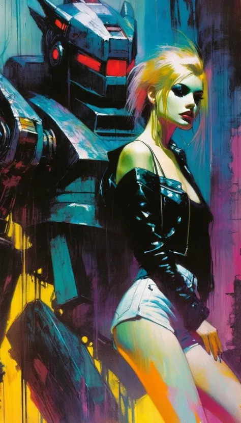 gothic punk sexy girl in love with giant robot monster (inspirational art by Bill Sienkiewicz, oil painting, details of brush strokes that enhance depth)
