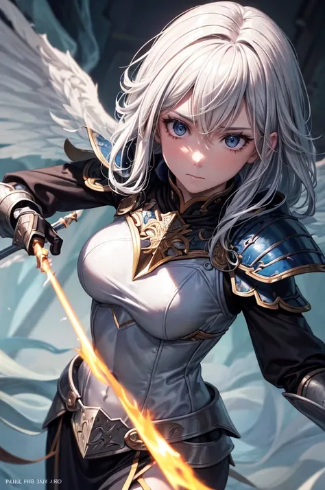 ((super fine illustration, 8k, Masterpiece :1.2, Sharp focus :1.2, depth of field:1.2)), Beautiful swordswoman,reading book, absurdity, Highly detailed face and skin texture, silver hair, jet-black armor, flame armor, cloak wrapped in flames, sword wrapped...