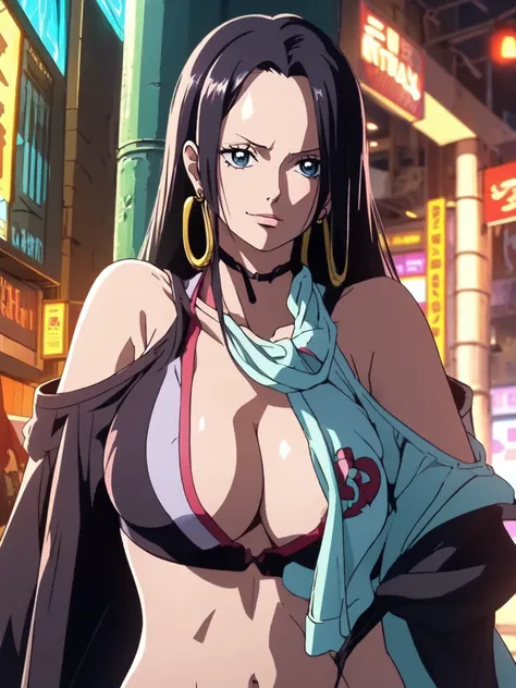 Hancock from One Piece, beautiful blue eyes, small smile, wears earrings; big breasts, cleavage, loose hair, long hair, wears Boa Hancock earrings (wears cyberpunk outfit), (wears Lucy clothes from cyberpunk edgeruners), bare abdomen. He should wear Lucys ...