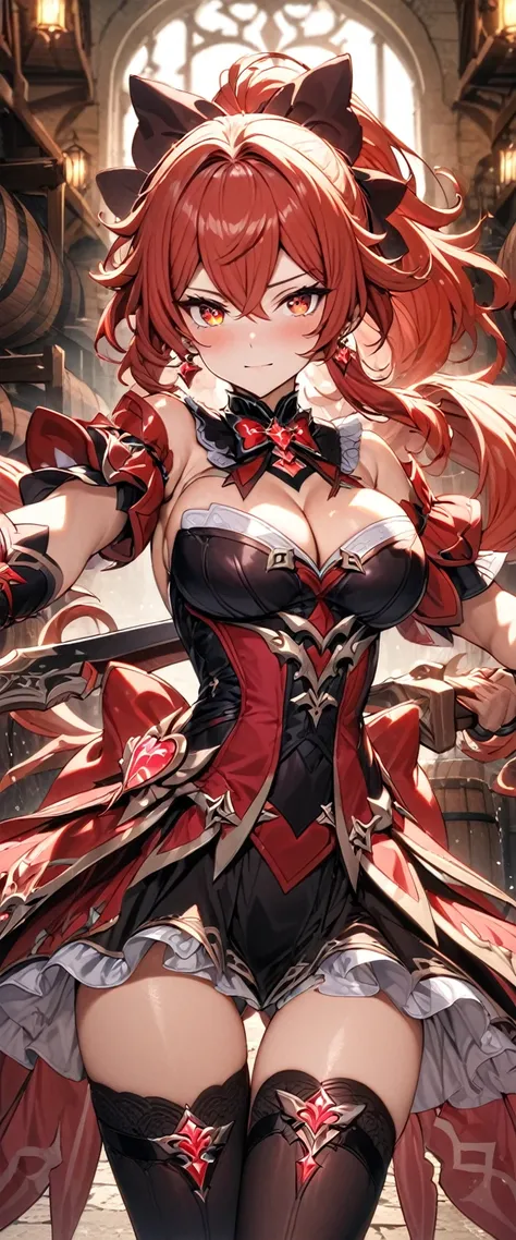 (masterpiece), best quality, expressive eyes, perfect face,Diluc_(genshin impact),red hair,wavy ponytail,cleavage,big breasts,magical girl,(red and black magical girl dress:1.3),detached sleeves,(frilled skirt:1.3),(black stockings),(thigh gap:1.5),bracele...