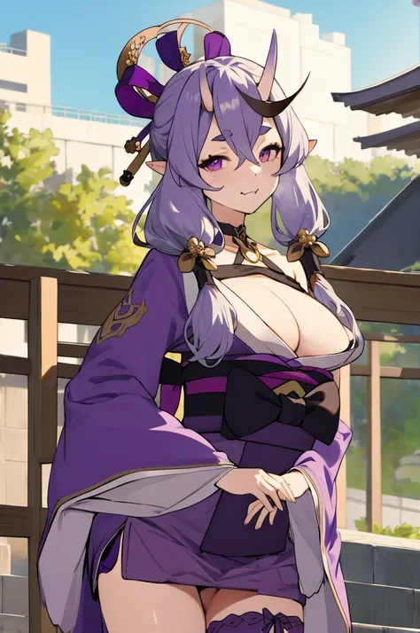 masterpiece, best quality, highres, aamikoto, low twintails, crescent hair ornament, bow, purple ribbon, short eyebrows, fang, off shoulder, purple kimono, short kimono, cleavage, sleeves past wrists, obi, sash, thigh strap, cowboy shot, standing, outdoors...