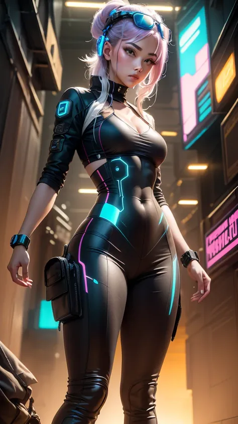 A woman, battle suit, with neon lights, closed helmet on her head, cyberpunk, sexy pose, extreme lights, extreme sharpness, (62k ultra definition), (((masterpiece))), (intricate details), beautiful original design,