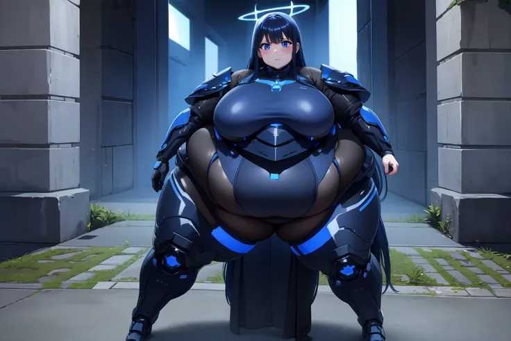 1girl,solo, saorijoumae, saori joumae, blue eyes, dark blue hair, halo, long hair, hof, black bodysuit with blue parts, ancient space ruins, hi-tech armor pieces, face, fat legs, see through clothes, side boob