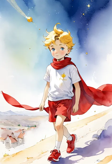 The Little Prince by Saint-Exupéry, avec un regard déterminé, en train de courir, chaussures de sport rouge, short de sport blanc, t-shirt de sport rouge, style aquarelle, colored