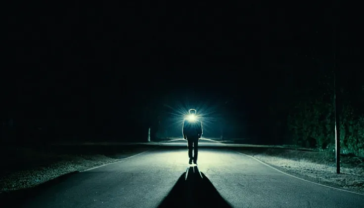 man walking alone, with his back to the camera, sinister street, car with headlights on