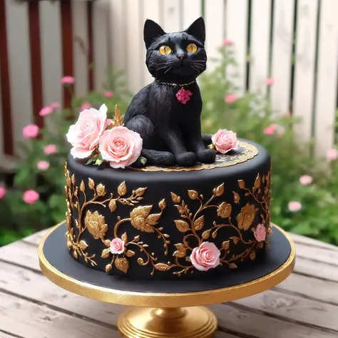 there is a black cat sitting on top of a cake, cake art, animal - shaped cake, dark and intricate, cake sculpture, by Mab Graves, also very detailed, cat detailed, highly professionally detailed, highly realistic and intricate, highly detailed and beautifu...