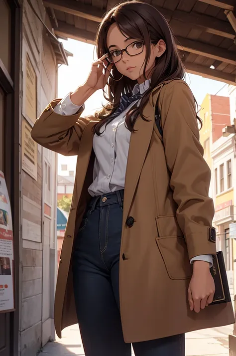 Create the image of a small town, dos personajes, una mujer con falda larga, lentes, long brown hair and wearing a coat and holding a book, y un hombre algo delgado, con lentes, cabello corto, pants, camisa y corbata, sosteniendo un ramo de flores, el pueb...