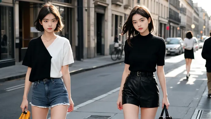 deux femmes ensemble de 18 ans sexy et mince qui se touche , black short sleeve sweater, lit ,jambe visible