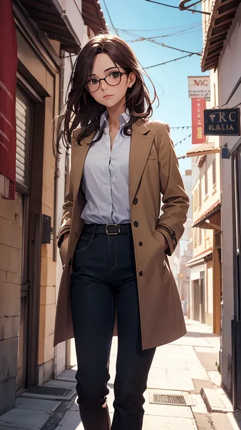 Create the image of a small town, dos personajes, una mujer con falda larga, lentes, long brown hair and wearing a coat and holding a book, y un hombre algo delgado, con lentes, cabello corto, pants, camisa y corbata, sosteniendo un ramo de flores, el pueb...