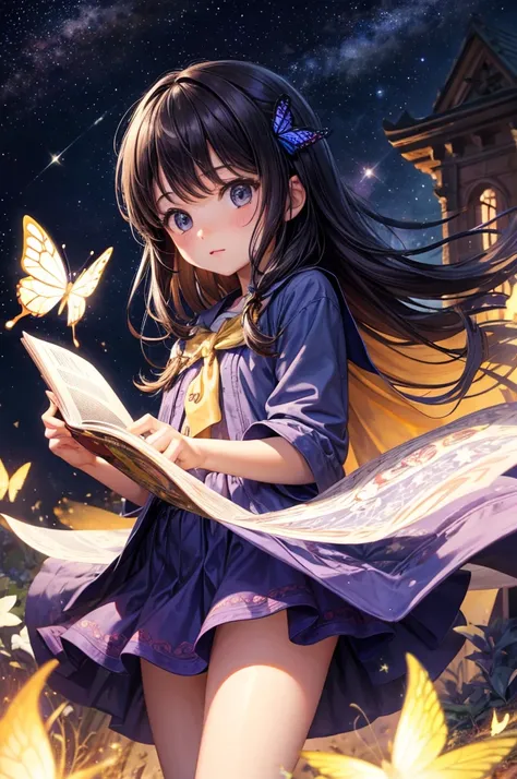 as a kids, girl reading  book with backgroundd universes and butterfly, with stars and fire and cute