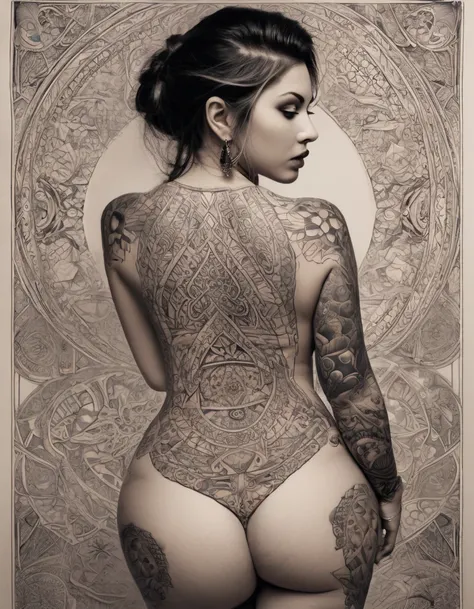 As the moonlight caresses her skin, her tattoos seem to awaken, each one telling a unique story of beauty and sensuality. Her voluptuous figure is adorned with a diverse array of intricate designs, each one adding to her alluring presence. With a single gl...