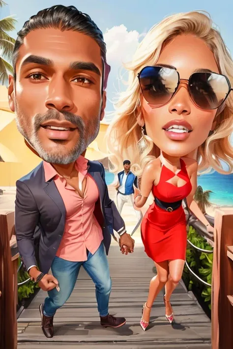 Digital drawing of a Brown Man, wearing a blazer and a blue shirt, denim pants and black sneakers, with a blonde woman pulling him by the navy blue tie, the woman wearing a tight red dress, red high heel shoes, on the sidewalk The couple brings a landscape...