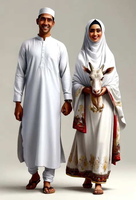 realistic caricature of an Indonesian husband and wife couple, 30 years old, the man wearing a white songkok, white Muslim clothes and sarong with flip-flops and the woman wearing a hijab in white Muslim clothes, holding a large goat and cow with a big smi...