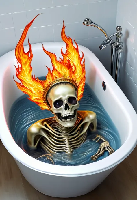 Danligur, the Fire Skeleton King, Eva, emerging, fallen alien children in a bathtub, hyperrealism