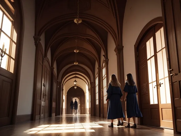 huge hall, com pilares altos e uma porta enorme, pequena escadaria, pessoas entrando e saindo com armaduras e roupas de mago