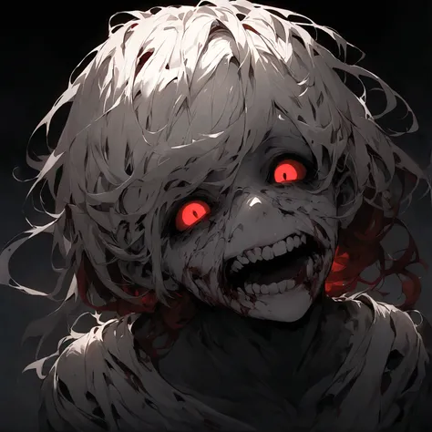 (masterpiece), best quality, Ghost, pale skin, blood red sclera, black pupil, Eyes open wide, Horror, scary, Monster, Very Pale, eye borders shadowy, Nose bleeding, malformed mouth, skinless mouth, disfigured mouth, exposed bloody broken teeth, scary, in t...