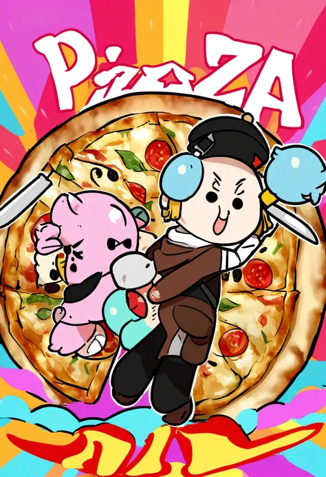 Logo pizza 🍕 , ( lema : pizzas gourmet) imagen de rebanada de pizza peperoni. Personaje animado degustando pizza rebanada 