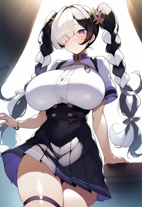 score_9, score_8_up, score_7_up, masterpiece, best quality, very aesthetic, absurdres, official art, official style, anime screencap, (game cg:1.2), megami magazine, zPDXL, zPDXLpg, 1girl, solo focus, (large breasts:1.3), purple eyes, split-colour hair, bl...