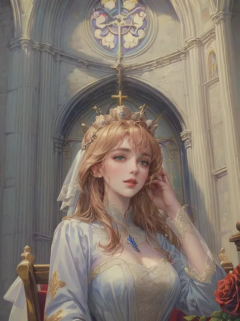 (((Best quality)), ((masterpiece)), (detailed), ((perfect face)), ((halfbody)) , 1 woman and 1 man, Make eye contact, female saint, Crown Prince, non-consensual marriage, romantic backdrop, Church, cathedral, wedding waste, rose petals, 