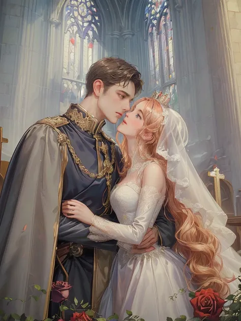 (((Best quality)), ((masterpiece)), (detailed), ((perfect face)), ((halfbody)) , 1 woman and 1 man, Make eye contact, female saint, Crown Prince, non-consensual marriage, romantic backdrop, Church, cathedral, wedding waste, rose petals, 