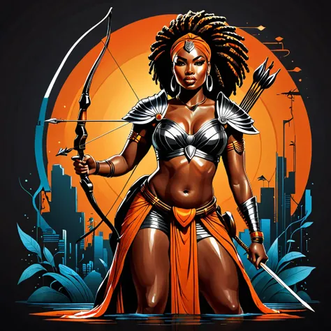 vector t-shirt art design, centered, 80s dark fantasy movie, a thick body black woman in african warrior clothes holding sword a...