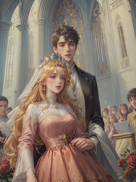 (((Best quality)), ((masterpiece)), (detailed), ((perfect face)), ((halfbody)) , 1 woman and 1 man, Make eye contact, female saint, Crown Prince, non-consensual marriage, romantic backdrop, Church, cathedral, wedding waste, rose petals, 