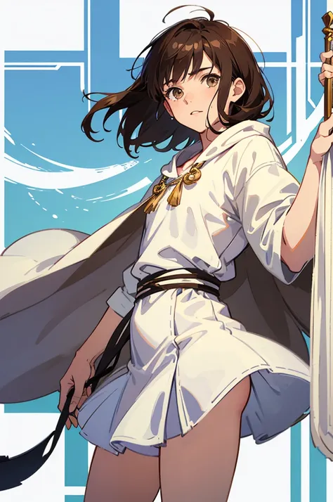 {visual novel sprite}, {white background}, half body, facing viewer, 1male, short dark brown hair, brown eyes, cute, pretty, white Greek tunic, open robes, small penis, 