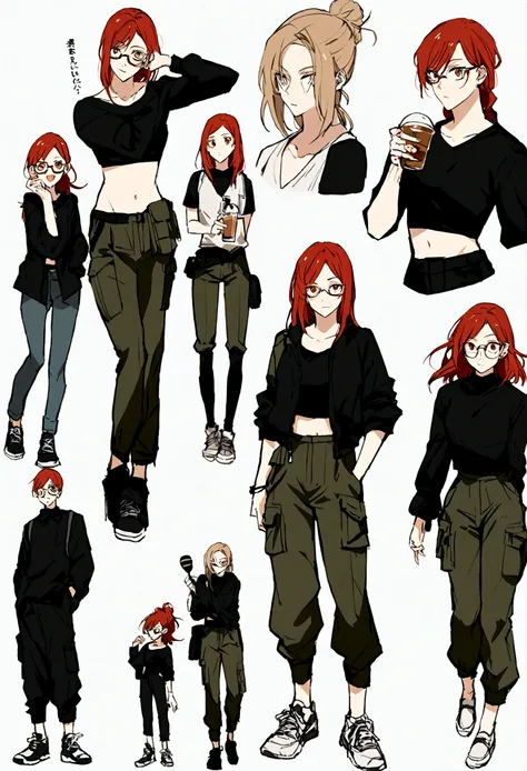 Jujutsu kaisen full body female anime character. She has _red____ hair. She was brown eyes.She is wearing a crop top and a black jacket ___ with __cargo__ pants and ____tennis_ shoes. She is holding _____coffe glass_ on one hand while the other is in his p...