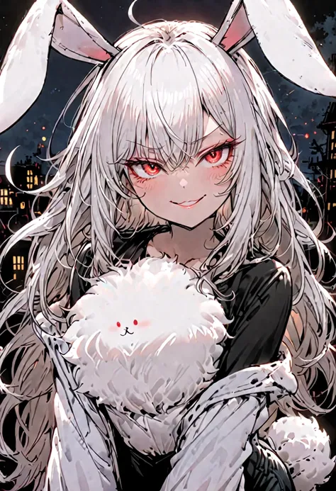 solo, female, white rabbit ears, huge floppy rabbit ears, messy white hair, red eyes, small breasts, night, huge fluffy rabbit tail, black jeans, smug smirk, half-lidded eyes, teasing smile, teasing, 