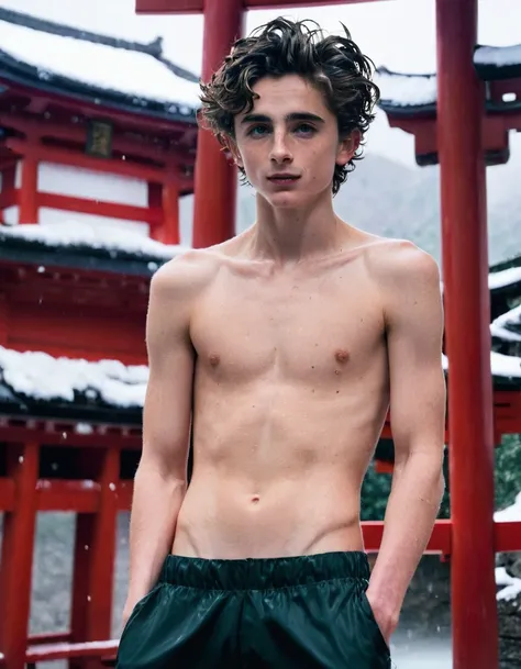 Timothée Chalamet, sweaty teen boy, in water, in red Torii door japanese temple winter onsen, in japanese temple mountains, no clothing, far from camera, braces, age 19, wavy tiktok hair, boxer, bare feet, japanese onsen temple, short fine armpit hair, fle...