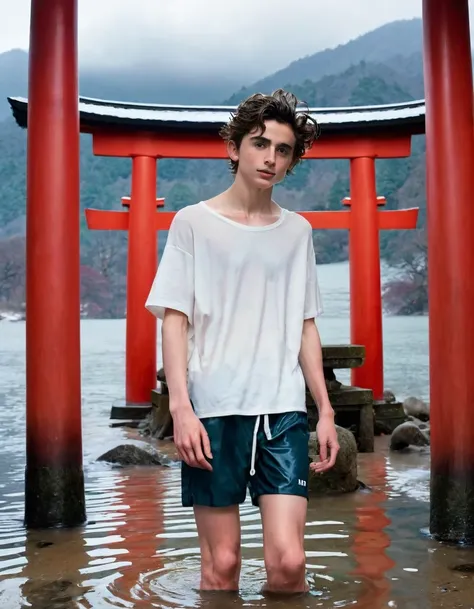 timothée chalamet, sweaty teen boy, in water, in red torii door japanese temple winter onsen, in japanese temple mountains, no c...